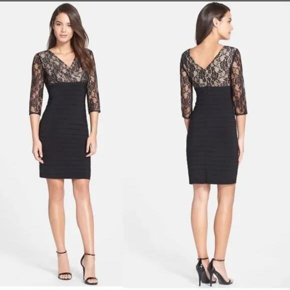 Adrianna Papell Black & Tan Lace Bodice Bodycon Dress Size 4 - Picture 2 of 5